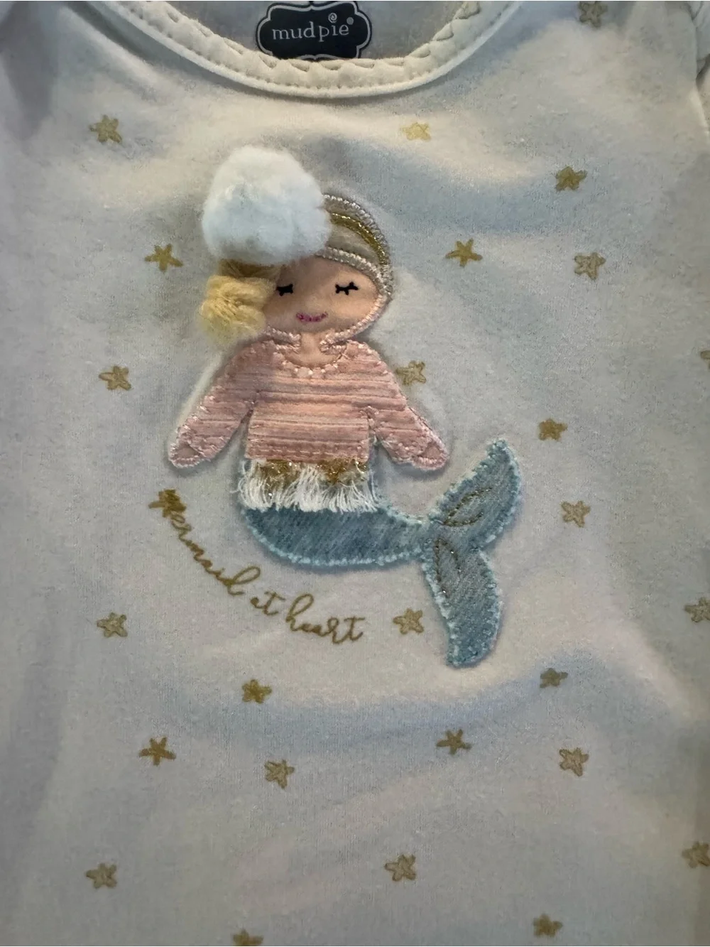 Mud Pie White Knit One-Piece with Gold Stars and Mermaid Applique